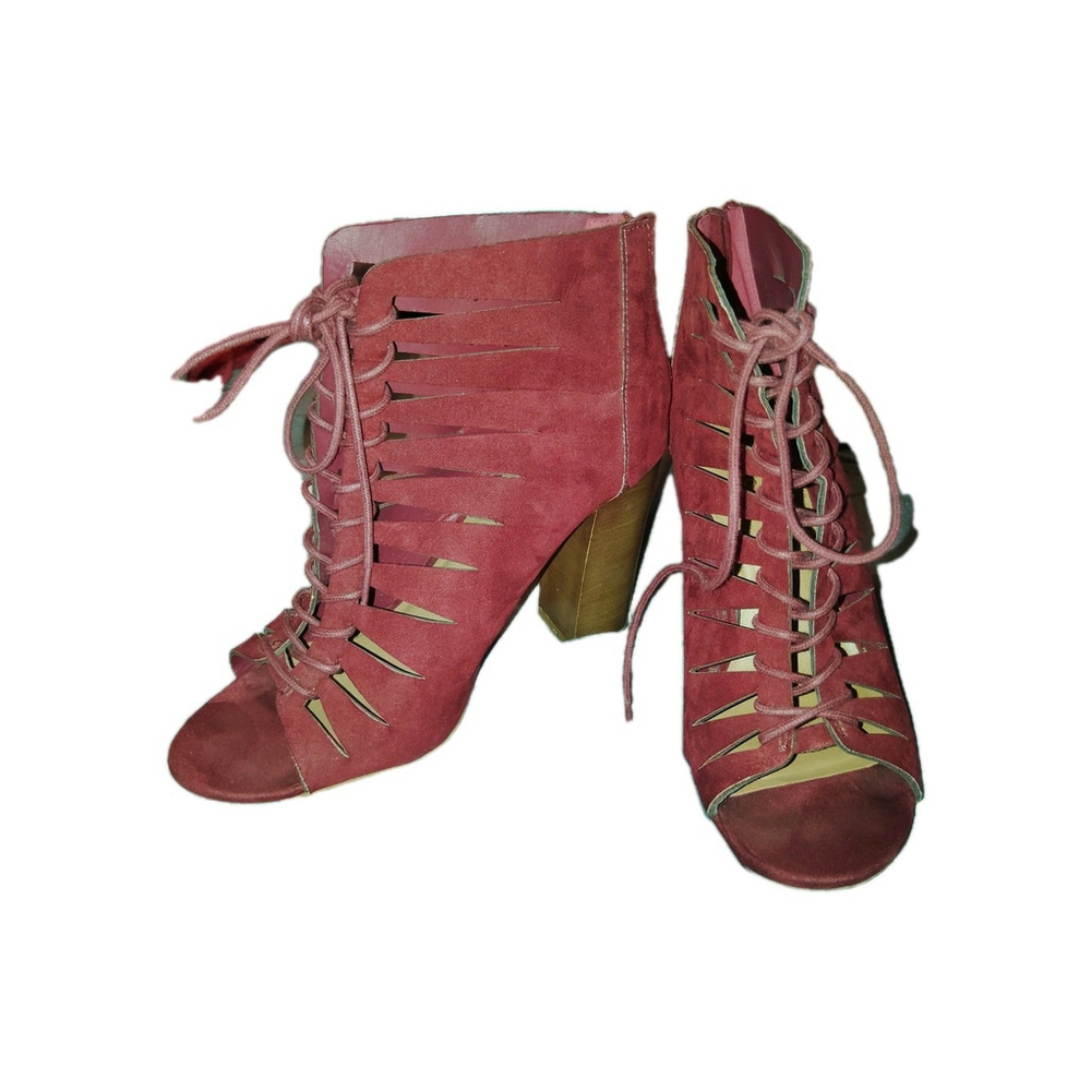 Bamboo EMBARK-25S Size 9 Burgundy Lace Up Cutout Block 4" Heel Booties Peep Toe